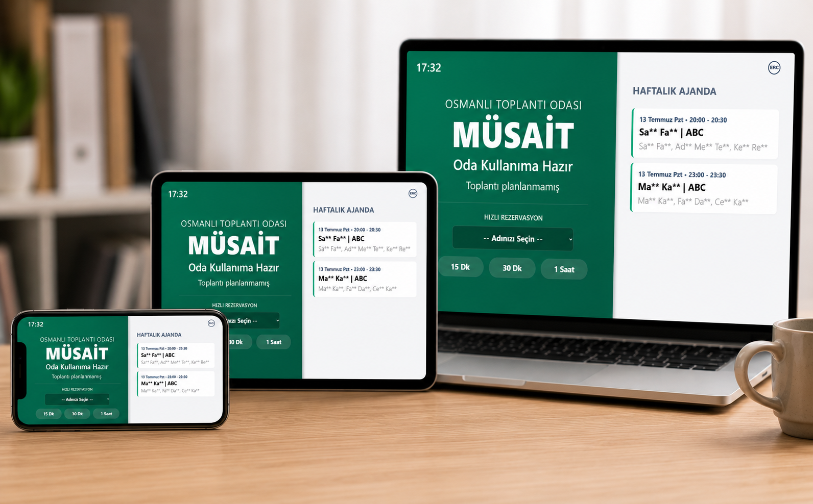 ErcMeets toplantı odası rezervasyon ekranı ve meet reservation tablet arayüzü